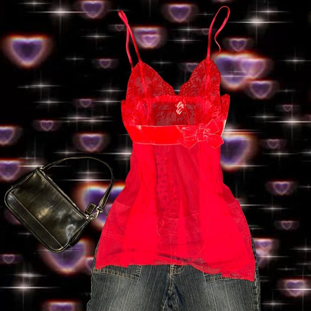 Y2K Victoria's Secret Red Velvet Bow Micro Mesh Slip Nightwear